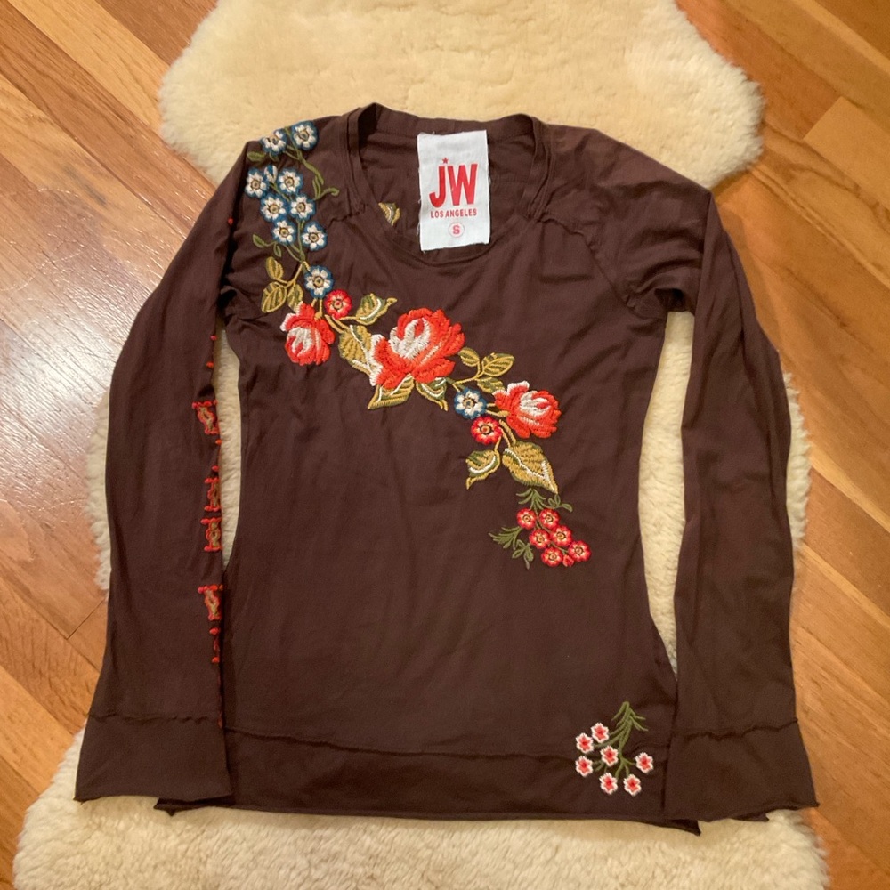 Johnny Was Brown Long Sleeve Tee with Red & Blue Floral Embroidery